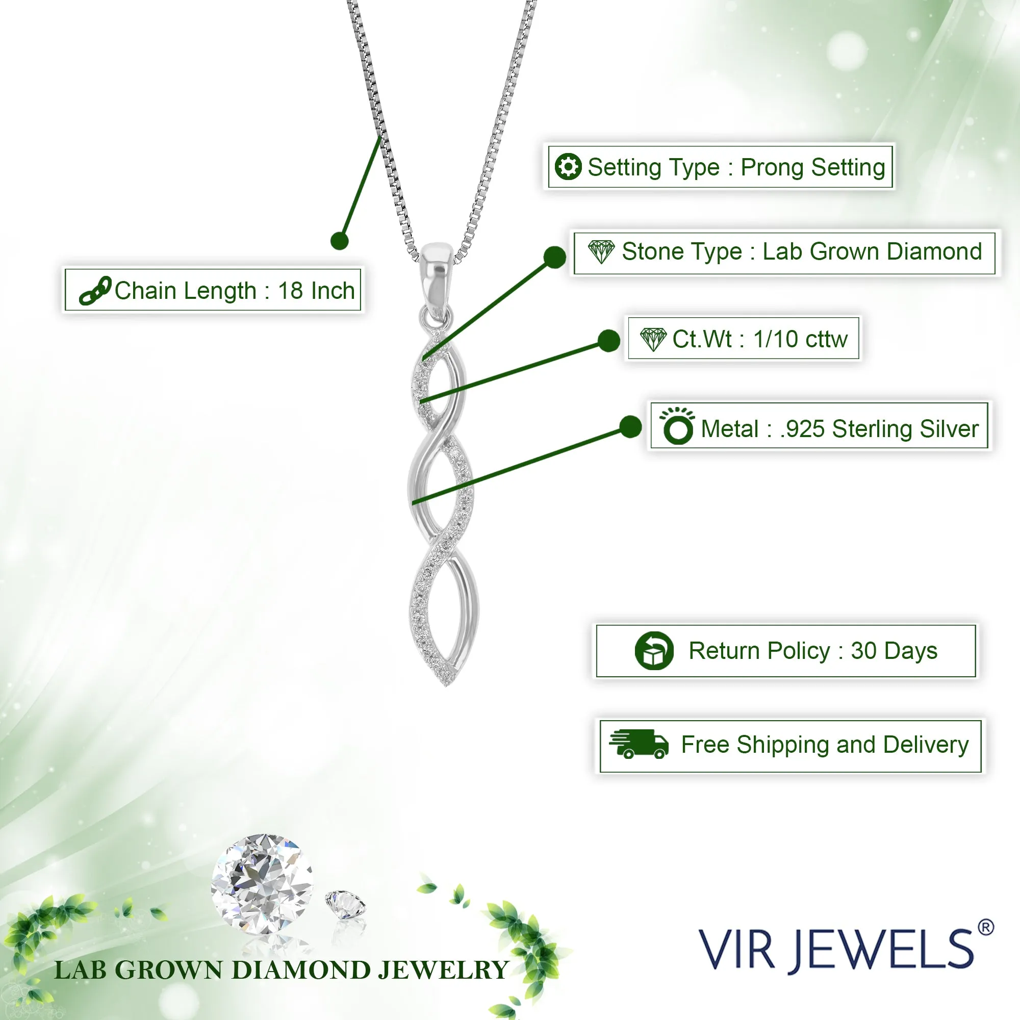 1/10 cttw Lab Grown Diamond Pendant Necklace .925 Sterling Silver 1/5 Inch With 18 Inch Chain