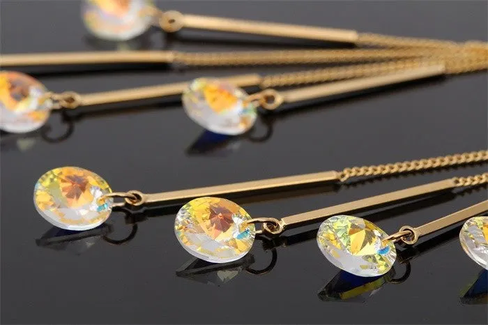 AAA Austria Crystal Drop Tassel Dangle Earrings With Yellow Gold Color Link Chain Bar