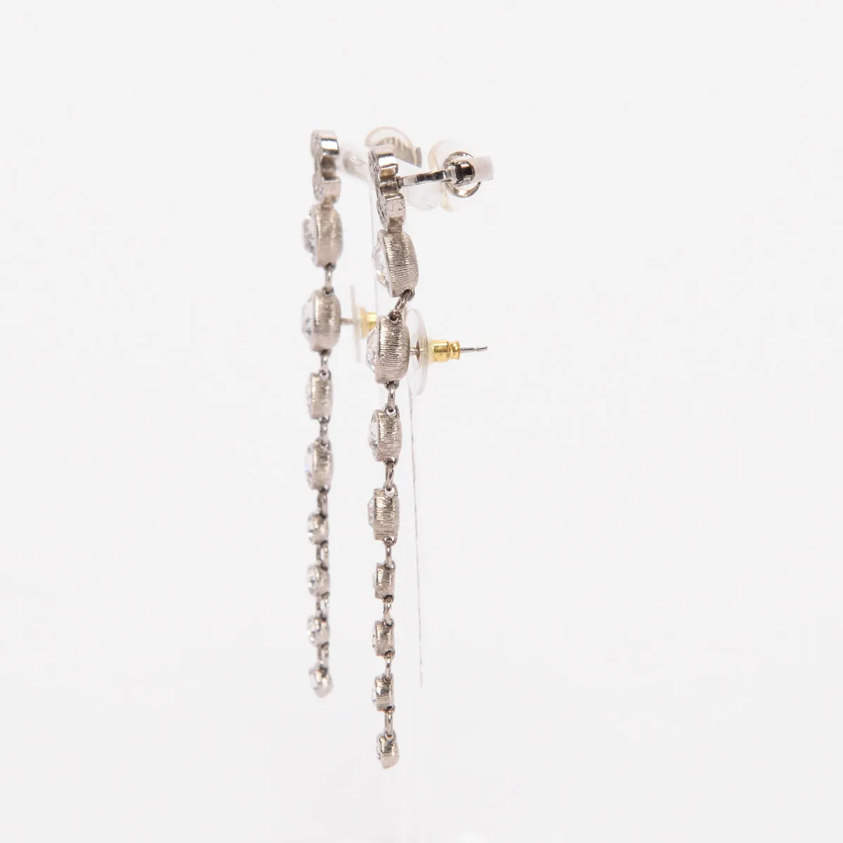 Chanel Silver Crystal CC Long Drop Earrings