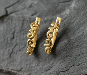 Gold Wave Earrings - Bohemian Half Hoops Earrings, Lace Pattern Earrings