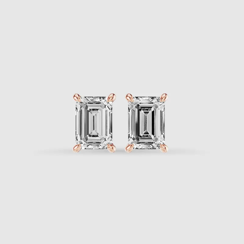 Hidden Halo Solitaire Lab Grown Diamond Studs-Emerald Cut
