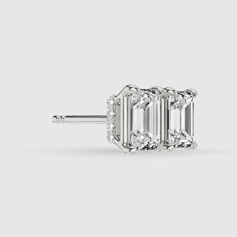Hidden Halo Solitaire Lab Grown Diamond Studs-Emerald Cut