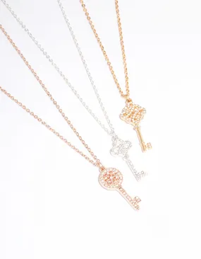 Mixed Metal Diamante Key Necklace 3-Pack