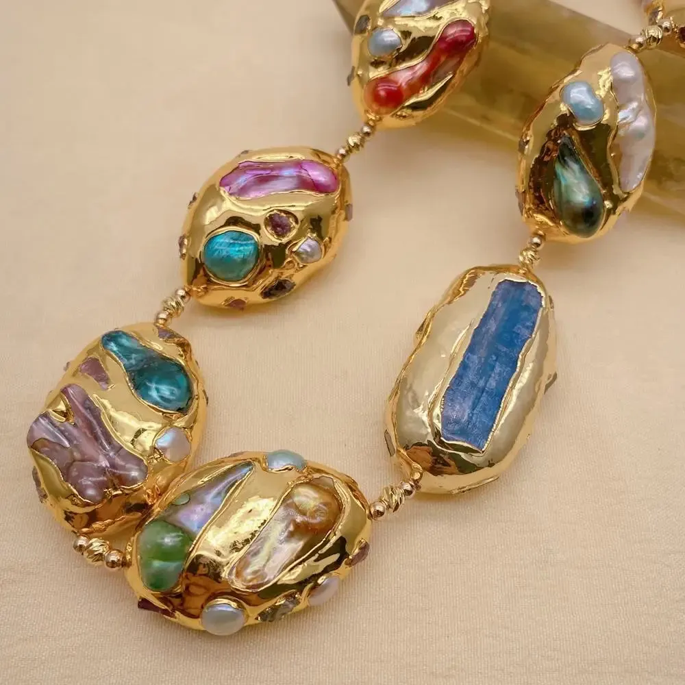 Multi Color Shell Pearl Blue Kyanite Choker Necklace